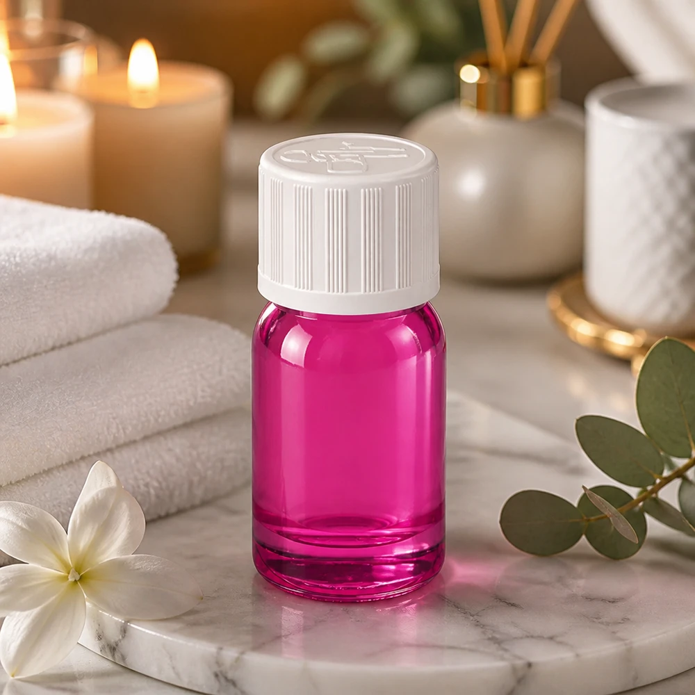 Prático frasco de vidro violeta de 5 ml com tampa de rosca segura para uma dosagem precisa dos ingredientes activos