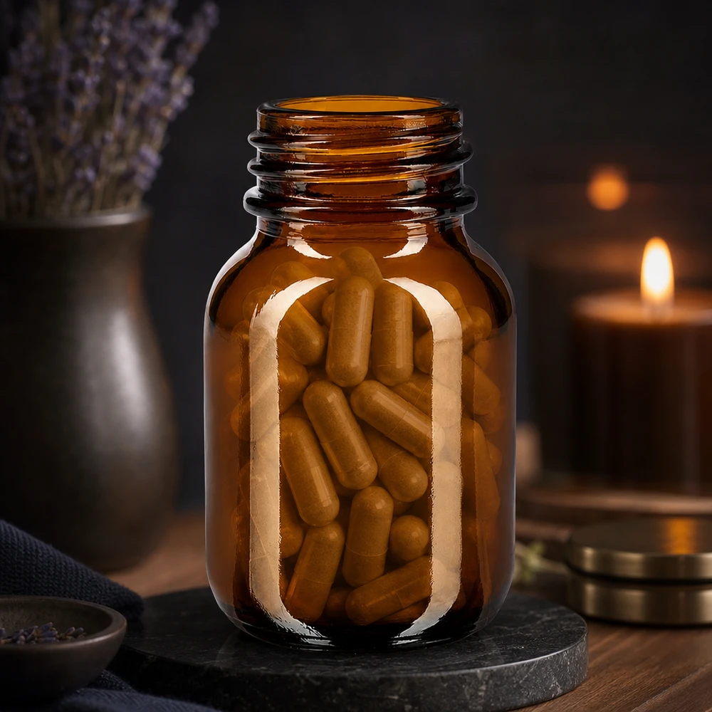 Garrafa de 50ml com gargalo largo em vidro âmbar Frasco de 50 ml de alta qualidade com gargalo largo, fabricado em vidro âmbar robusto, para armazenamento seguro de suplementos alimentares