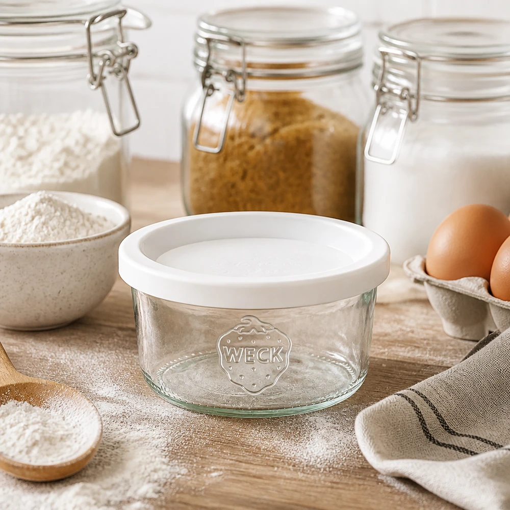 Copos WECK de 165 ml RR80 com tampa branca entre ingredientes de pastelaria, farinha e ovos numa mesa de madeira numa cozinha rústica