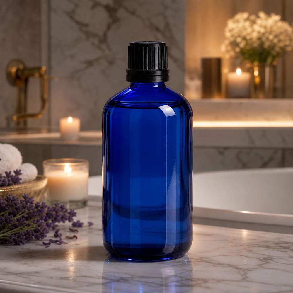 Frasco de farmácia azul 100ml tampa de rosca preta anel de vazamento fecho inviolável Frasco de farmácia azul cobalto de 100 ml com tampa original preta numa casa de banho elegante