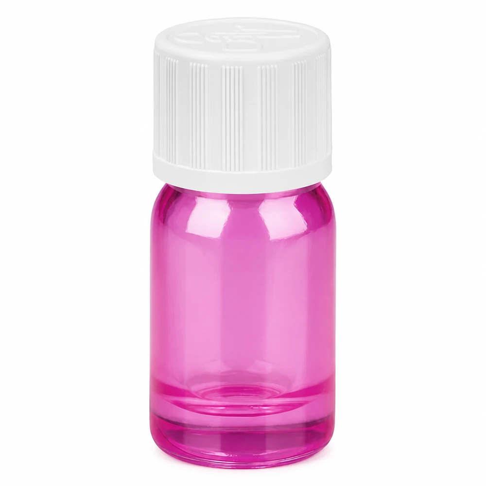 Frasco de vidro de 5 ml em violeta brilhante com tampa de rosca branca para cosméticos e aromaterapia