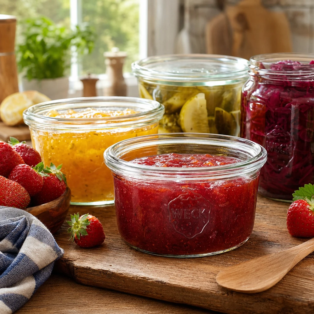 Frasco de vidro WECK RR80 de 165 ml Frasco WECK RR80 de 165 ml com compota de morango numa tábua de madeira ao lado de outros frascos de conserva com compota e morangos frescos.