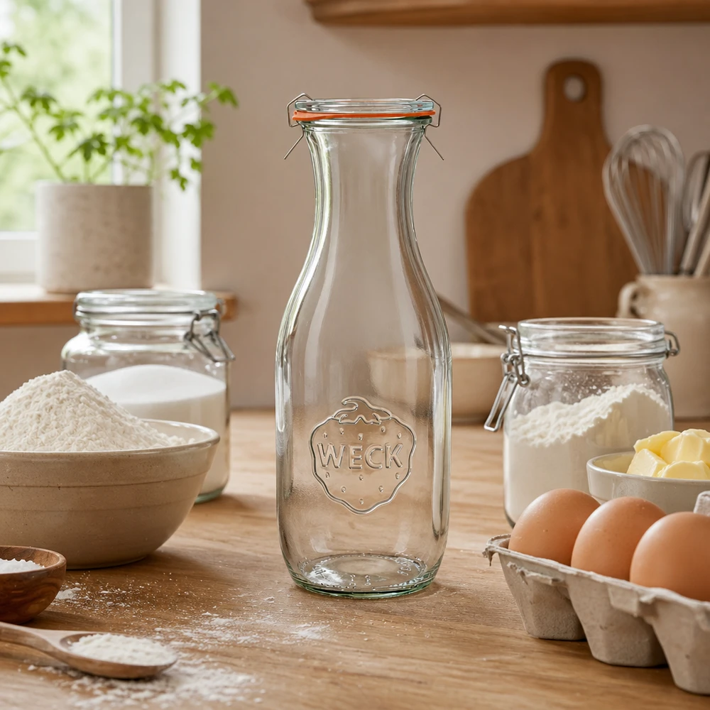 Garrafa de sumo WECK 1062ml RR60 vazia na cozinha rústica com ingredientes de pastelaria, farinha, ovos e utensílios de cozinha