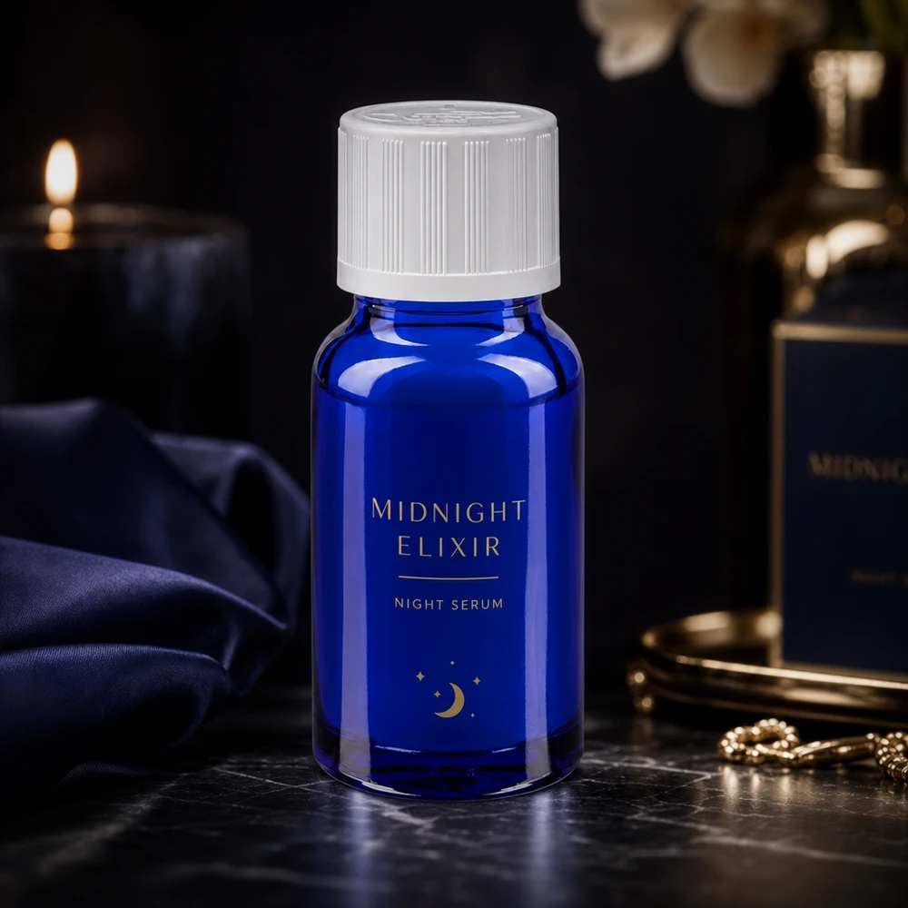 Sérum noturno Midnight Elixir num frasco conta-gotas de vidro farmacêutico azul cobalto de 10 ml sobre uma base de mármore