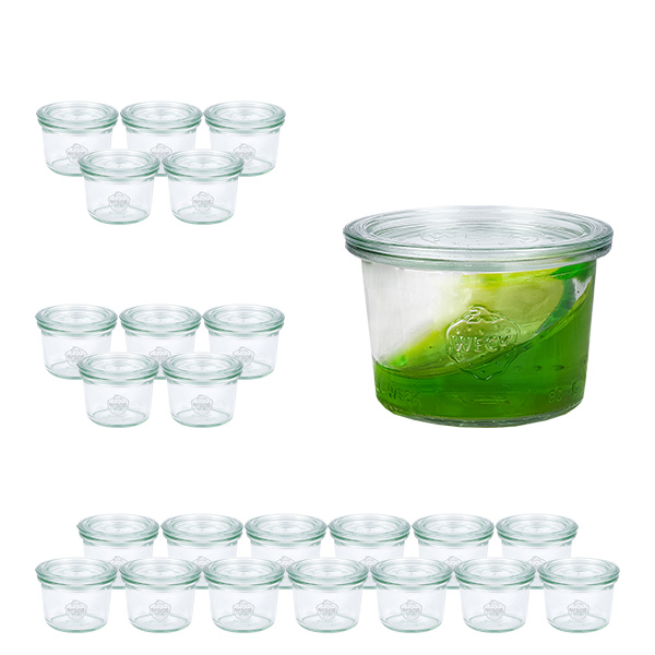 Conjunto de 24 copos de vidro Weck 80ml com 24 tampas de vidro Conjunto de 24 copos de vidro Weck 80ml com 24 tampas de vidro