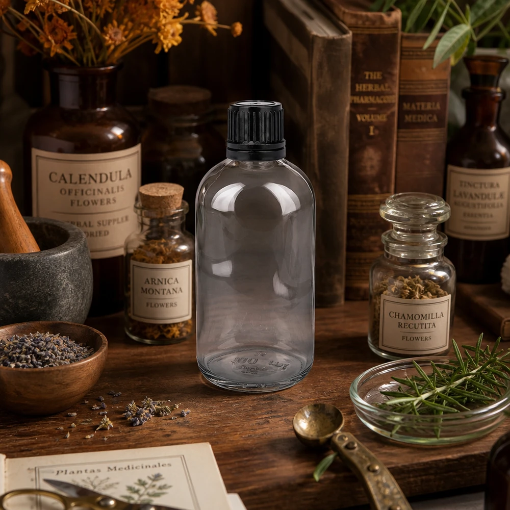 Frasco de farmácia de 100 ml em vidro transparente com tampa de rosca, na secção de ervas medicinais e acessórios de homeopatia