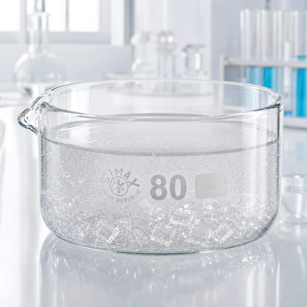 Taça de cristalização de 150ml com bico em borosilicato ø80mm Bandeja de cristalização plana de 150 ml com cubos de gelo e bico vertedor, em vidro de laboratório transparente, ø 80 mm