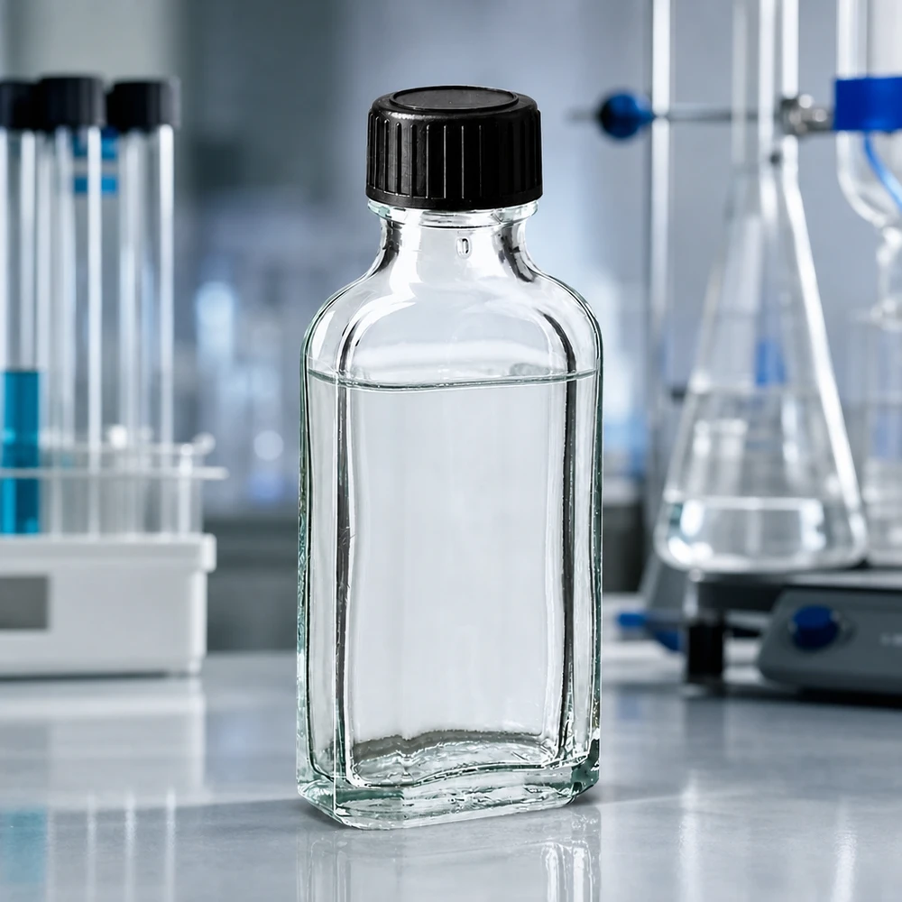Tampa de rosca transparente Meplat de 50 ml com disco de vedação EPE Frasco de vidro Meplat transparente de 50 ml com disco de vedação em EPE e tampa preta em ambiente de laboratório