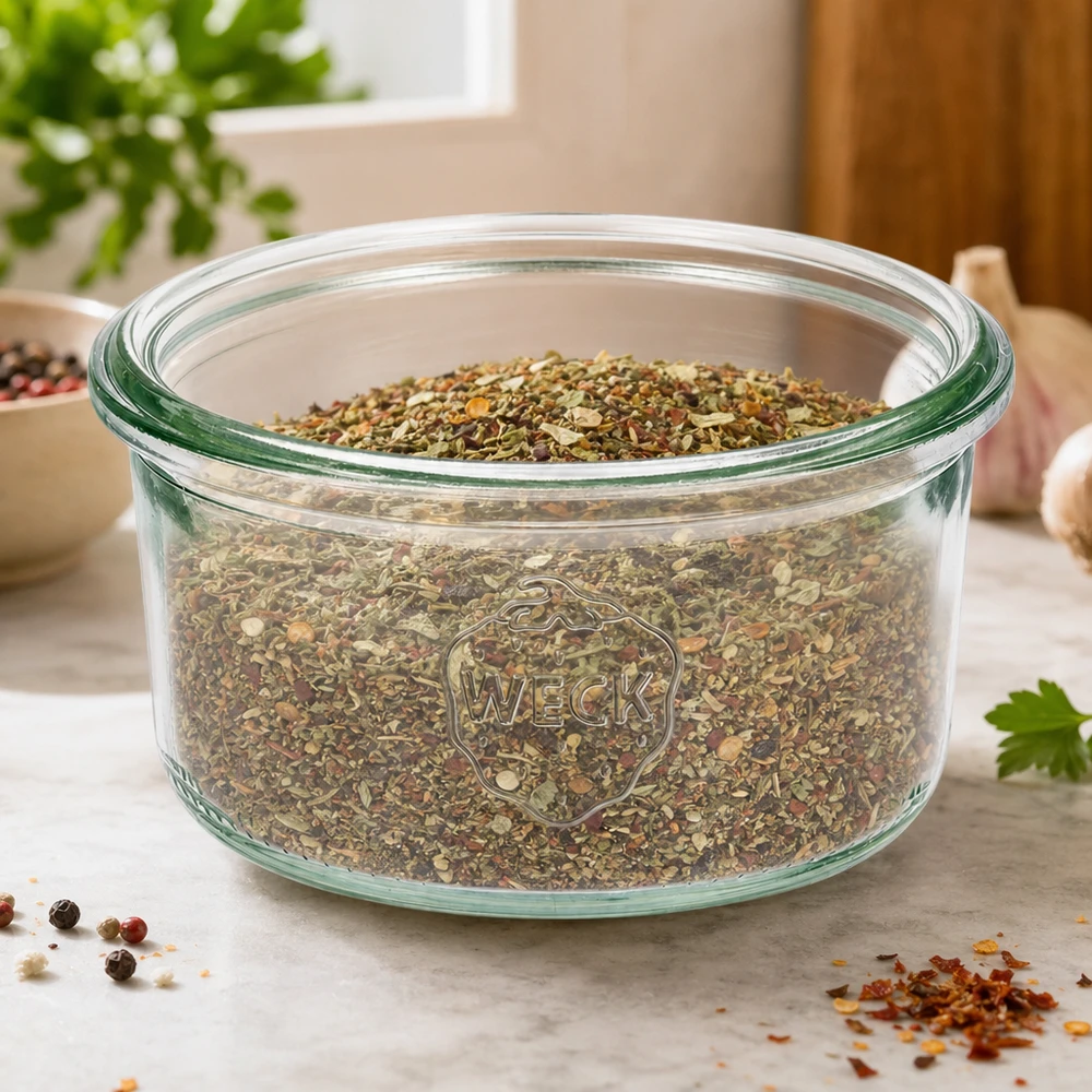 Frasco de vidro WECK RR80 de 165 ml Copos WECK RR80 de 165 ml cheios de ervas aromáticas num balcão de cozinha com especiarias e plantas ao fundo