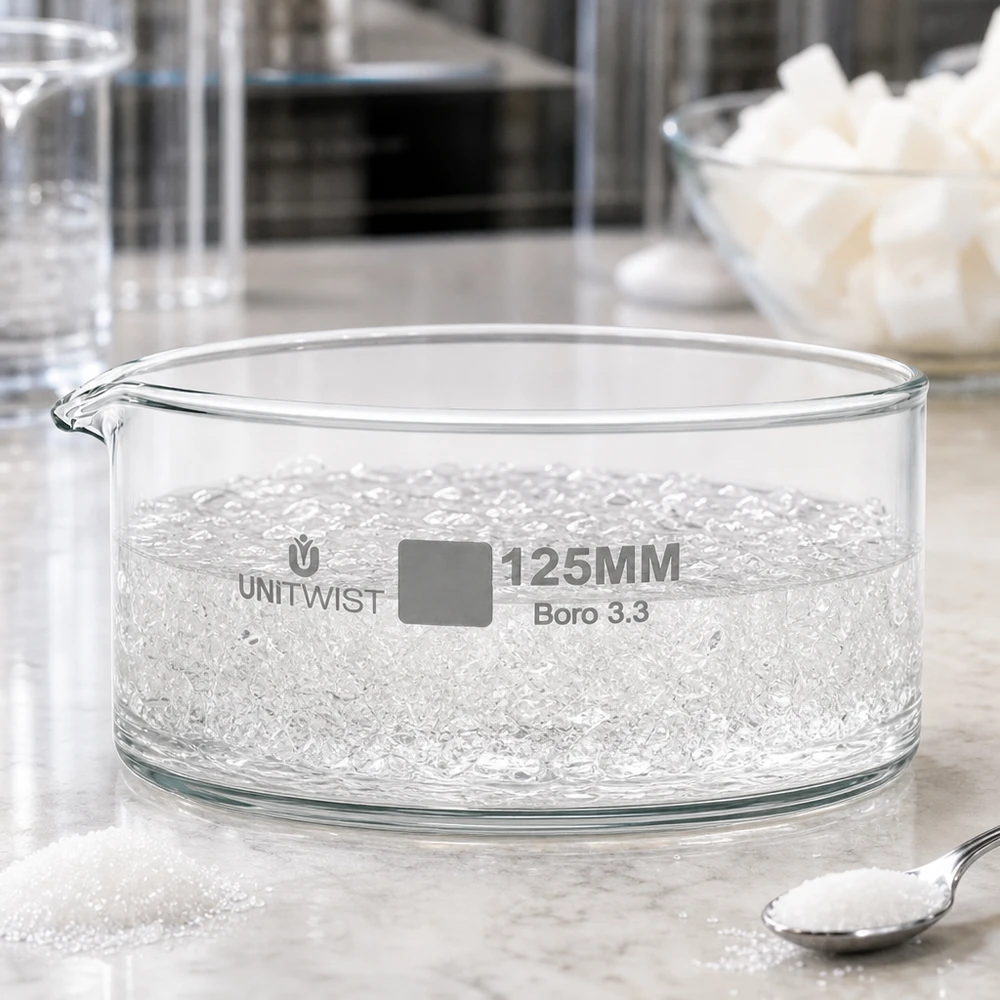 Prato de cristalização ø125mm em vidro borossilicato UNiTWIST Taça de cristalização de 125 mm UNiTWIST Boro 3.3 com cristais de açúcar brancos sobre uma superfície de mármore
