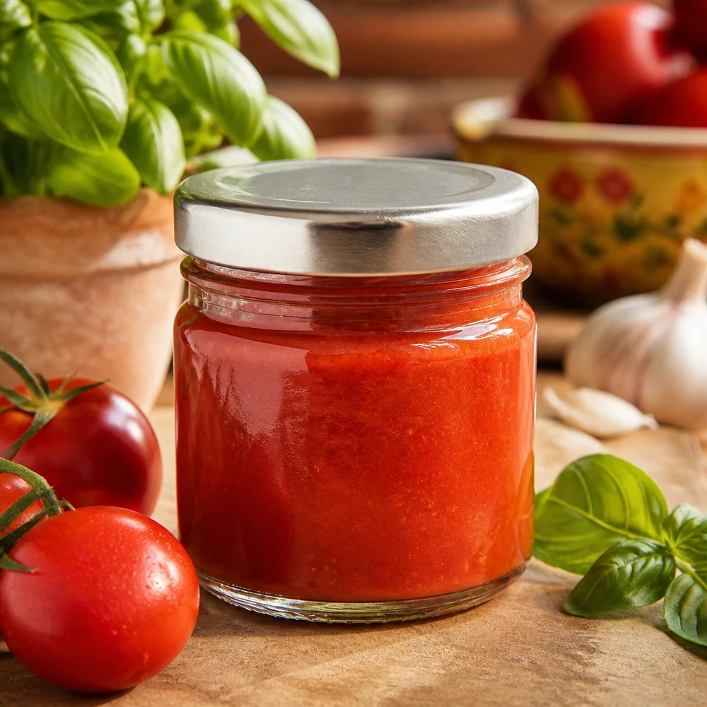 Frasco redondo de vidro de 33 ml com tampa BasicSeal prateada, cheio de molho de tomate vermelho e rodeado de ingredientes frescos