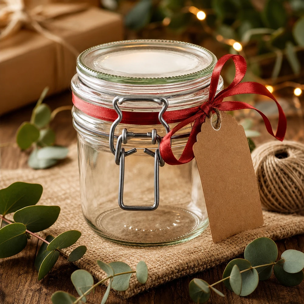 Frasco de conserva de 255 ml, tipo G, com tampa de fecho de alça UN.. 255ml Vorratsglas mit Bügelverschluss als Geschenkidee mit roter Schleife und Geschenkanhänger dekoriert