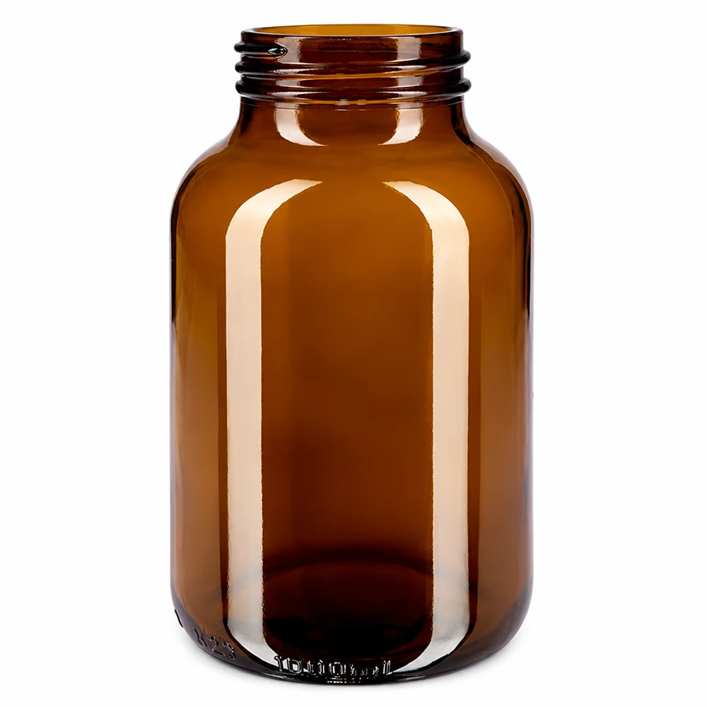 Garrafa de 1000 ml com gargalo largo em vidro âmbar Bernsteinfarbene Glasflasche 1000ml mit breiter Öffnung für Pulver und Flüssigkeiten