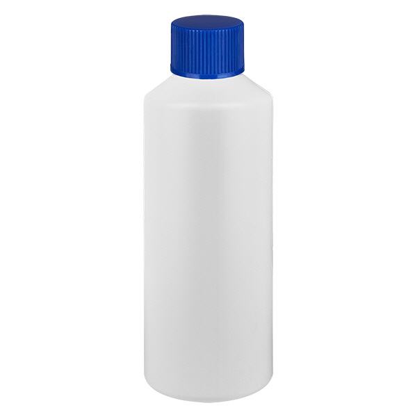 Frasco de farmácia HDPE 100ml branco, com tampa de rosca azul