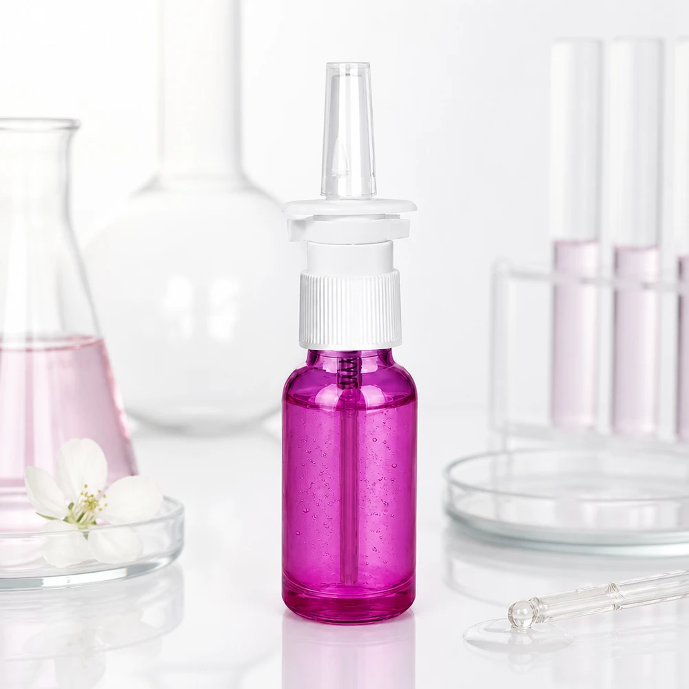 Frasco de spray nasal de 20ml branco/transparente padrão PurpleLine. UT18/20 Pequeno frasco de spray nasal de 20 ml de cor púrpura brilhante com acessório de spray branco para uma dosagem precisa
