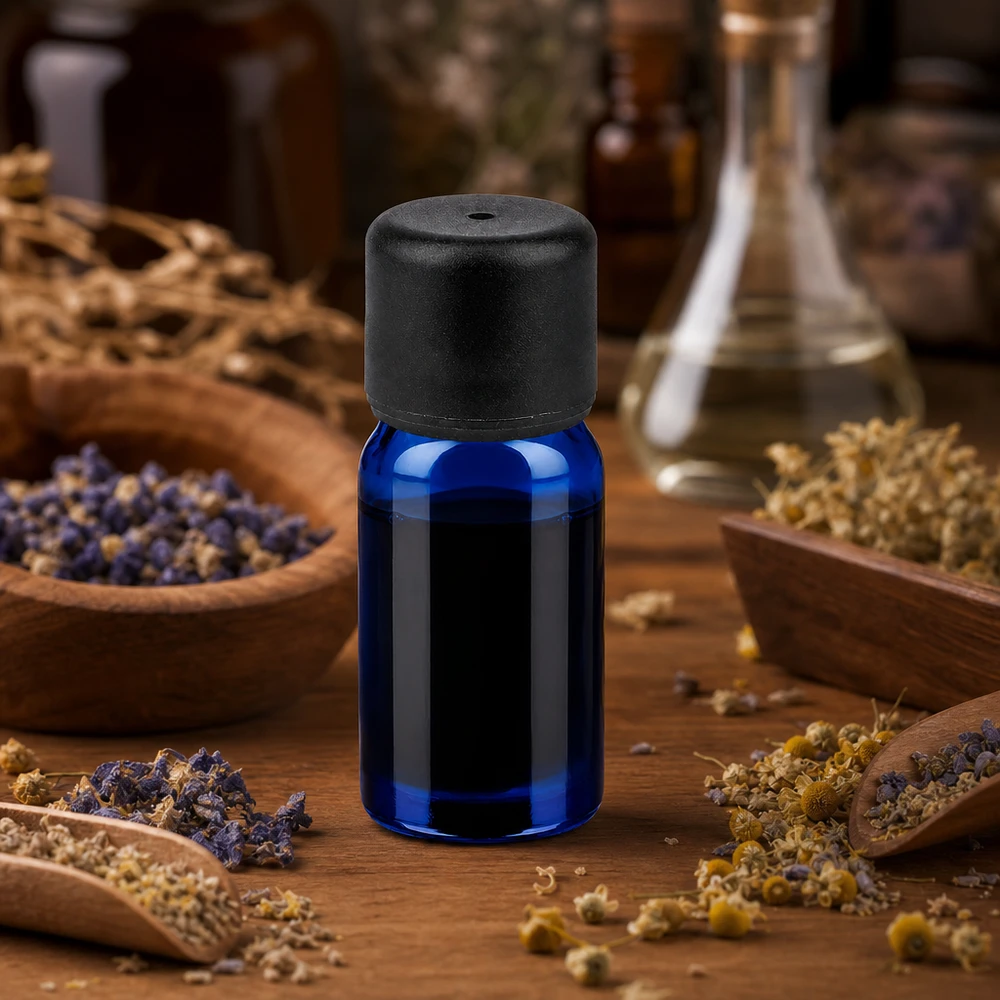 Frasco de boticário de 5 ml em vidro de alta qualidade em azul-cobalto com tampa preta STD BlueLine