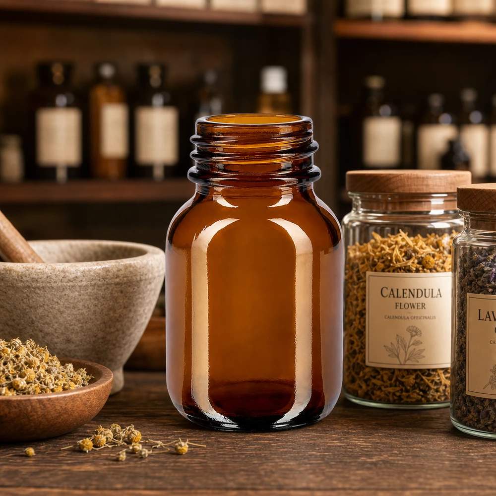 Garrafa de 50ml com gargalo largo em vidro âmbar Frasco compacto de 50 ml com gargalo largo em vidro âmbar de alta qualidade para farmácias e laboratórios