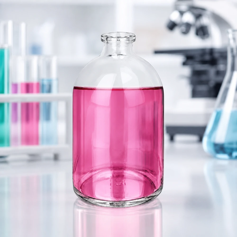 Frasco de injeção de vidro transparente 100ml Großaufnahme einer 100ml Injektionsflasche Klarglas mit pink gefärbtem Labormedium