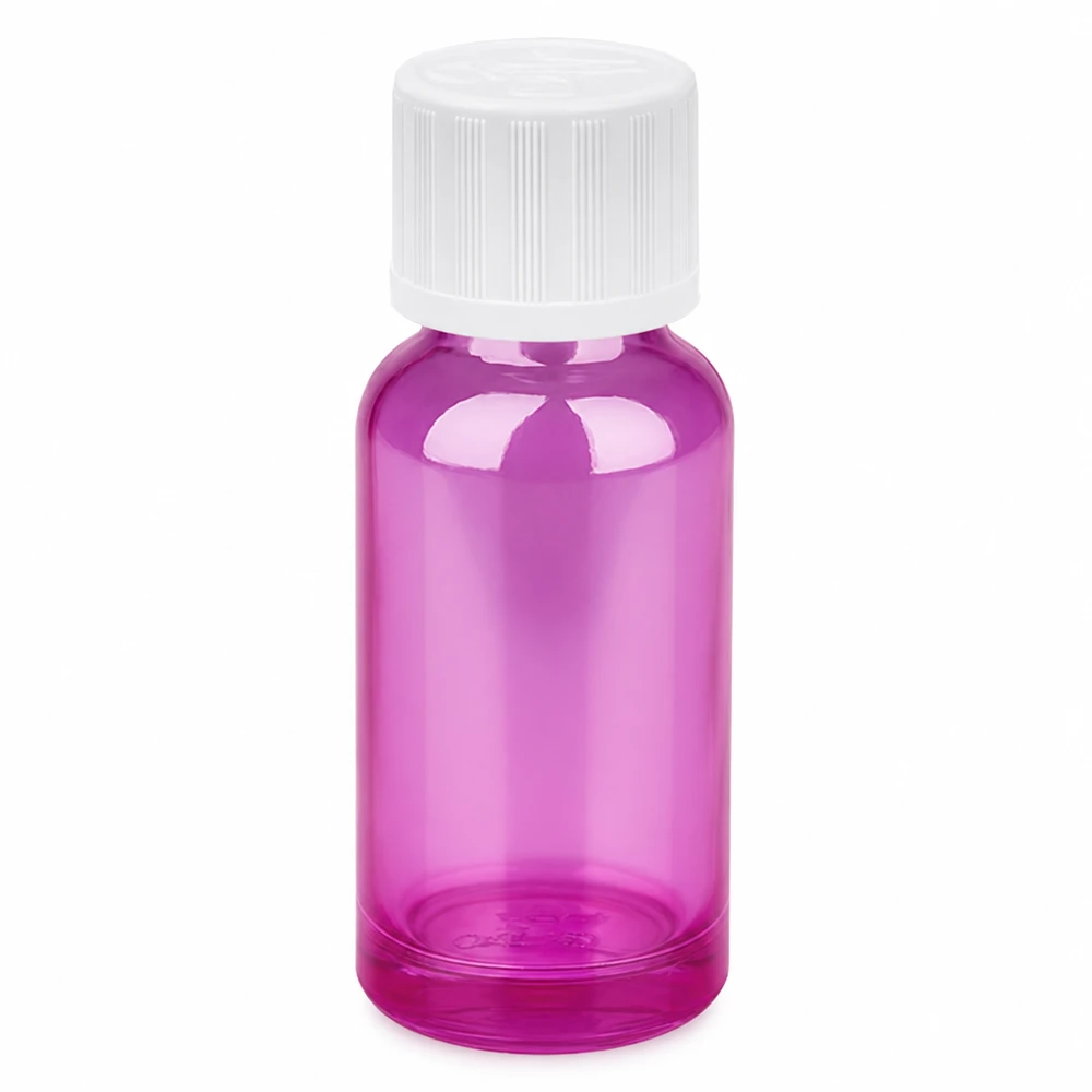Frasco conta-gotas de 20 ml com 1,2 mm de vidro branco padrão resistente a crianças PurpleLine.UT18/20 Frasco conta-gotas de 20 ml transparente púrpura com tampa de rosca branca para uma dosagem precisa