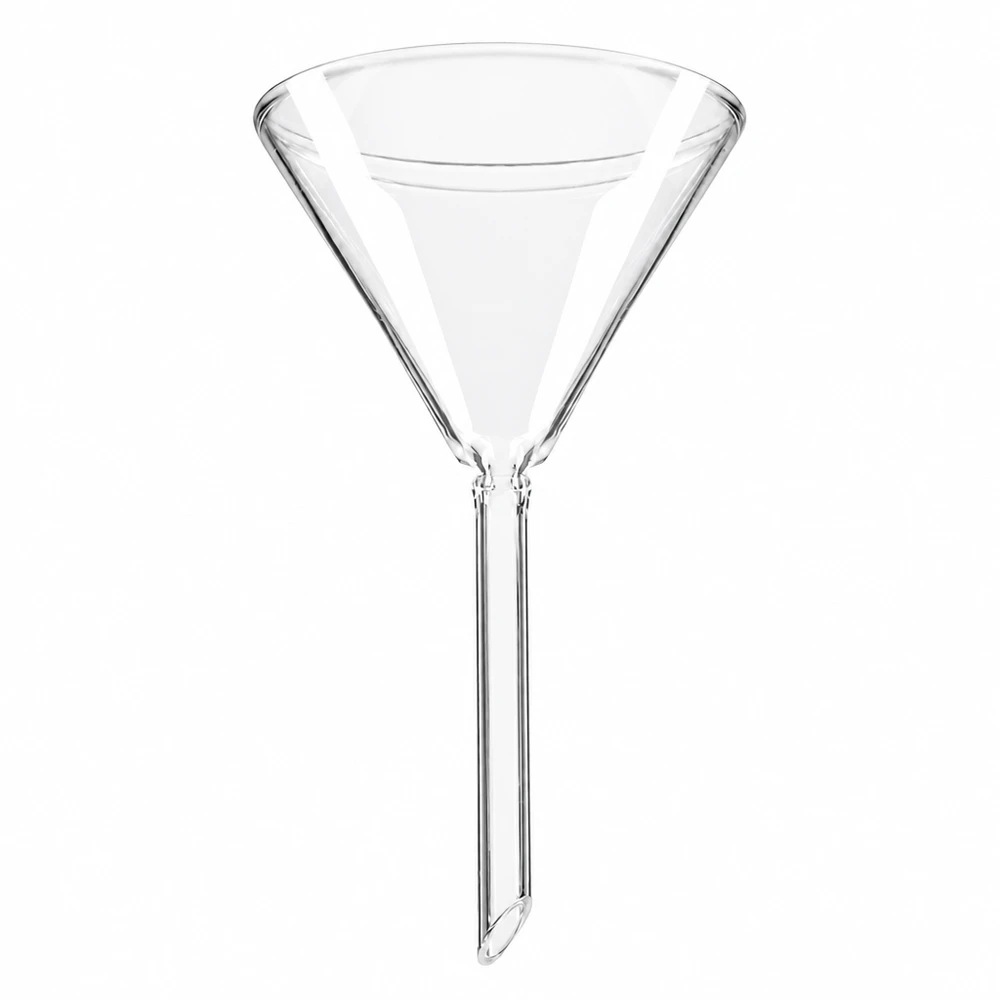 Funil ø70mm cal sodada, ângulo 60°, estilo curto Funil de vidro de 70 mm de diâmetro em vidro de cal sodada com pega curta para uma decantação precisa