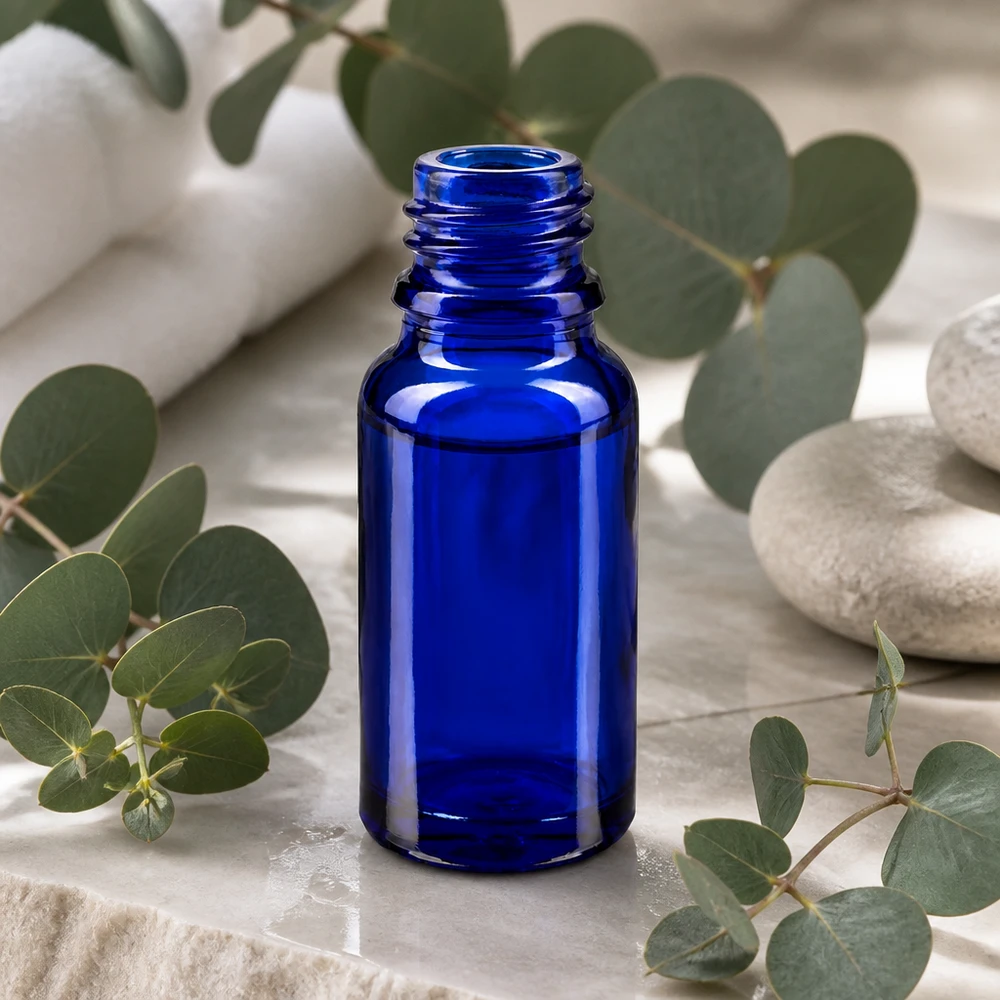 Frasco de farmácia de 10 ml em azul profundo, ideal para substâncias e tinturas sensíveis à luz