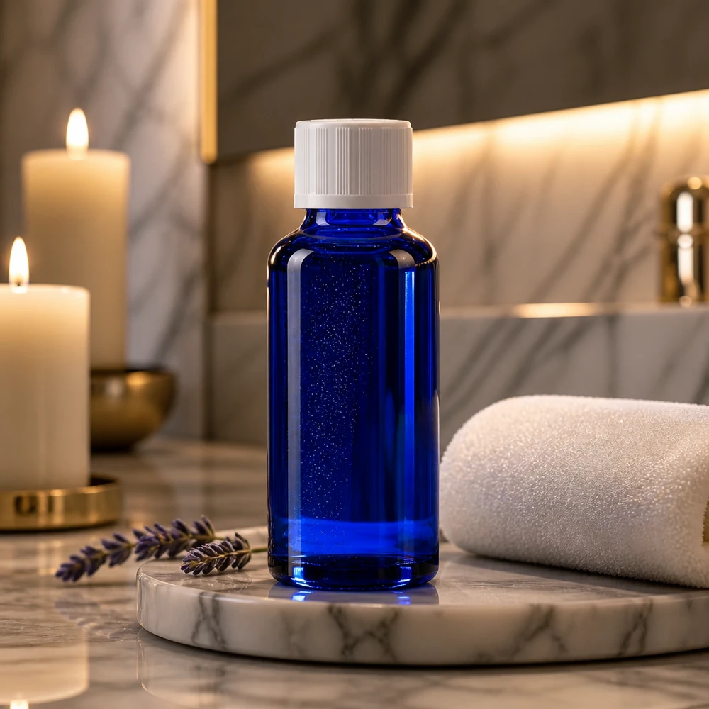 Frasco de farmácia azul 30ml tampa conta-gotas branco padrão resistente a crianças Frasco de vidro luxuoso de 30 ml em azul cobalto, com tampa de segurança branca, apresentado numa elegante bandeja de mármore