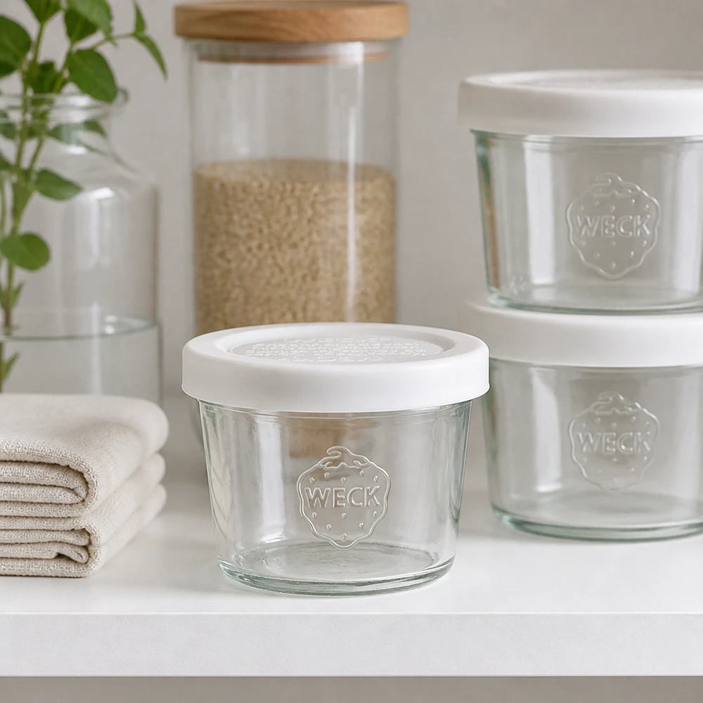 Copos WECK 35ml RR40 numa prateleira de cozinha moderna com outros frascos de arrumação, solução de arrumação elegante