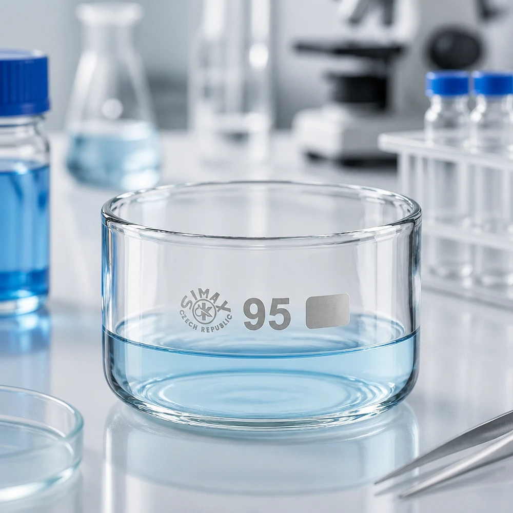Bacía de cristalização de 300 ml com líquido azul no laboratório Simax, em vidro borossilicato, ø 95 mm