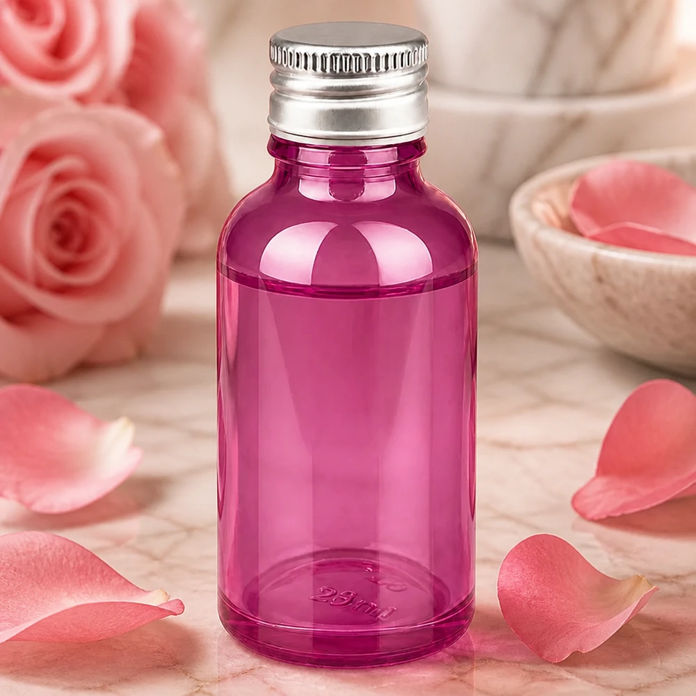 Frasco de vidro pequeno de 30 ml com rosca de 11 mm e tampa de rosca prateada em roxo