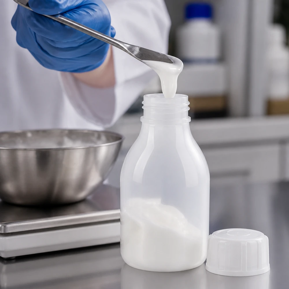 30ml Schraubflasche, Enghals Laborflasche A substância branca e cremosa é colocada com uma espátula metálica num pequeno frasco de laboratório de 30 ml de gargalo estreito
