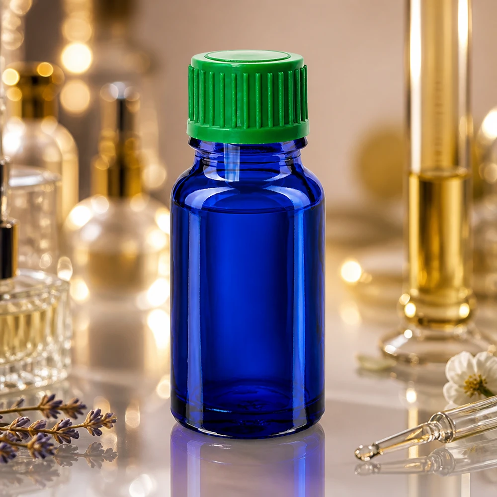 Frasco de vidro azul de alta qualidade de 10 ml com tampa verde para armazenamento seguro