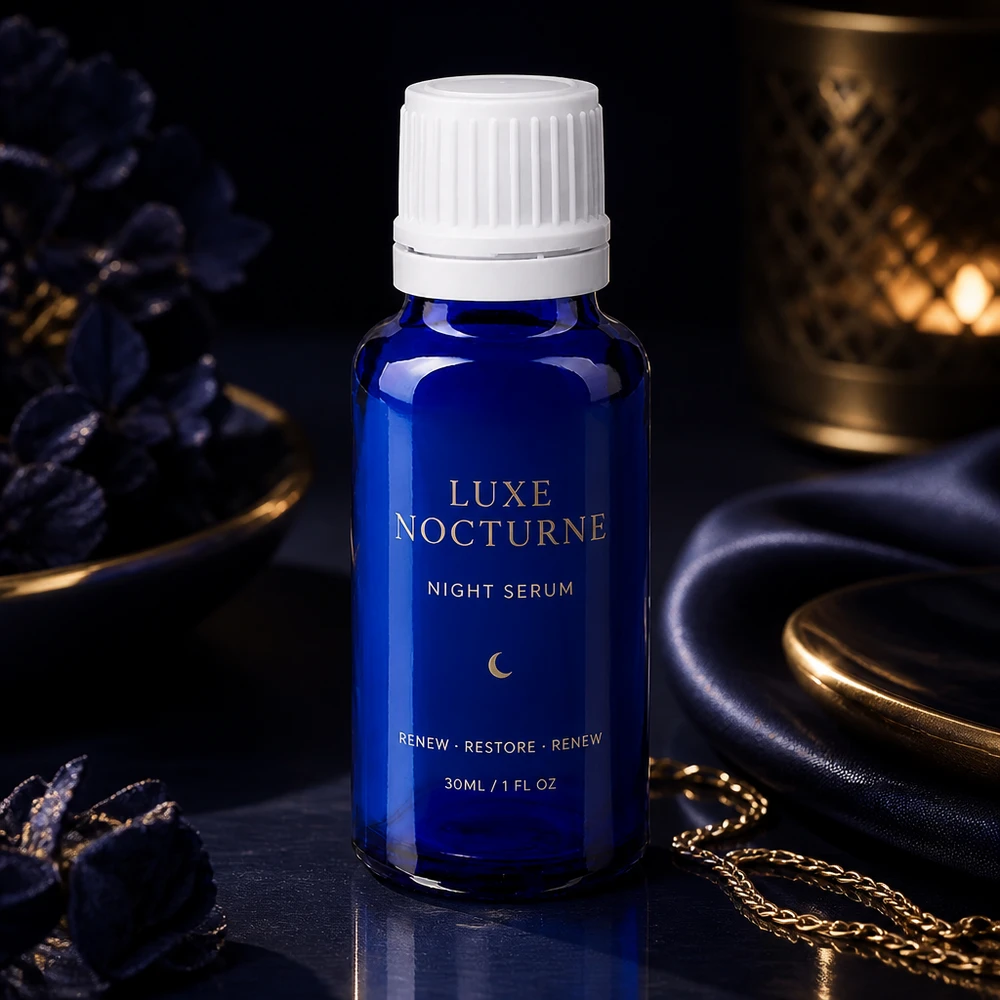 Frasco de farmácia azul de 30 ml com tampa de rosca branca, para um sérum noturno com o logótipo da lua dourada