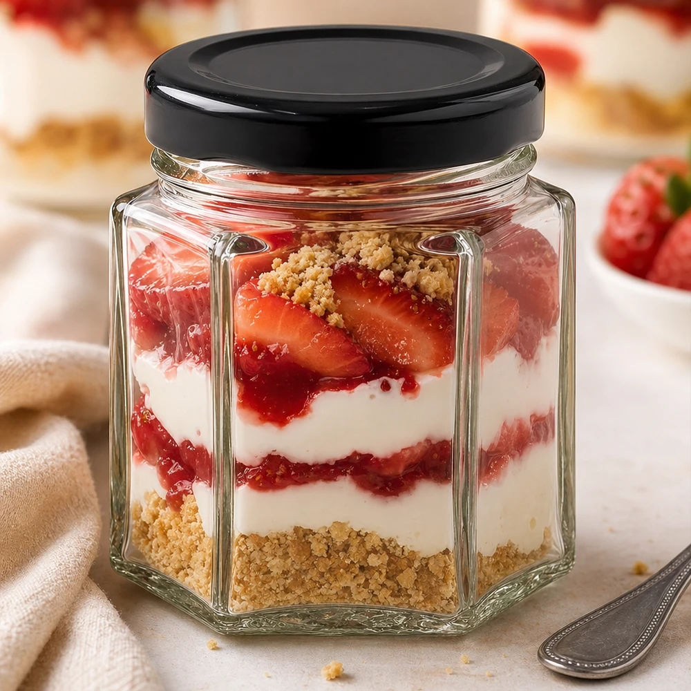 Copo hexa de 47 ml com tampa preta como copo de sobremesa com uma sobremesa em camadas de morangos, natas e migalhas de biscoito