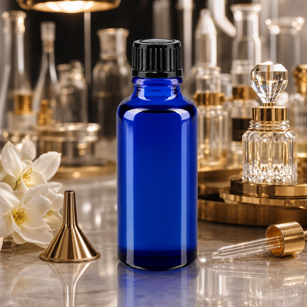 Frasco conta-gotas STD de 30 ml em azul real, com abertura de precisão de 1 mm, ao lado de um funil dourado e de uma garrafa de cristal