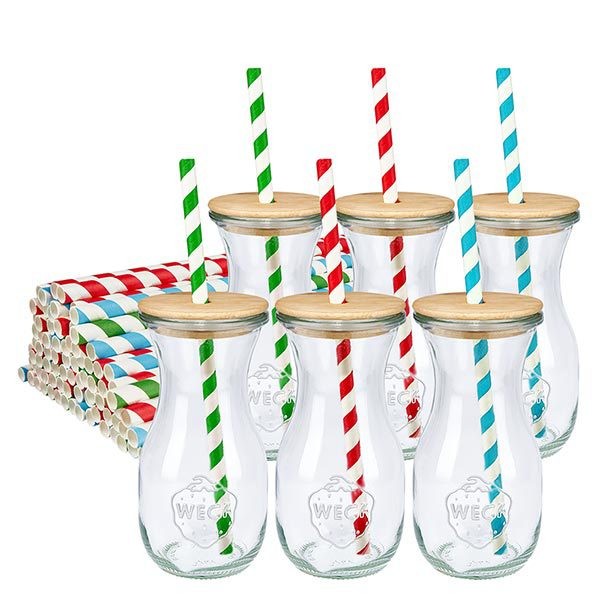 6 x garrafa de sumo WECK 290ml RR60 com tampa de madeira e 100 eco S 6 garrafas de sumo WECK de 290 ml com tampa de madeira e palhinhas de papel ecológico coloridas Conjunto de garrafas de vidro às riscas verdes, vermelhas e azuis