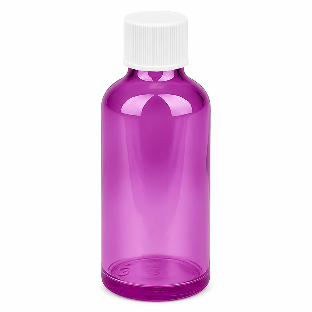 Frasco de vidro de 50 ml em violeta com tampa de rosca branca para cosméticos e produtos farmacêuticos