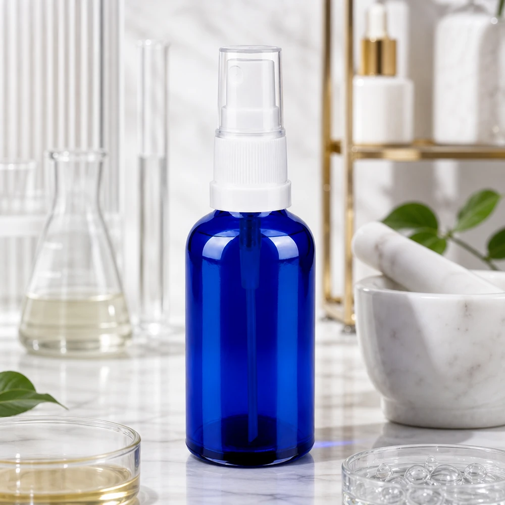 Frasco spray de 50ml branco/tampa standard transparente BlueLine UT18/50 Recipiente de vidro de 50 ml com acessório de pulverização para uma distribuição uniforme dos produtos de cuidado