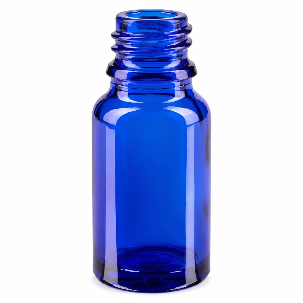 Frasco de vidro azul de 10 ml com rosca UT18/10 para óleos essenciais e perfumes