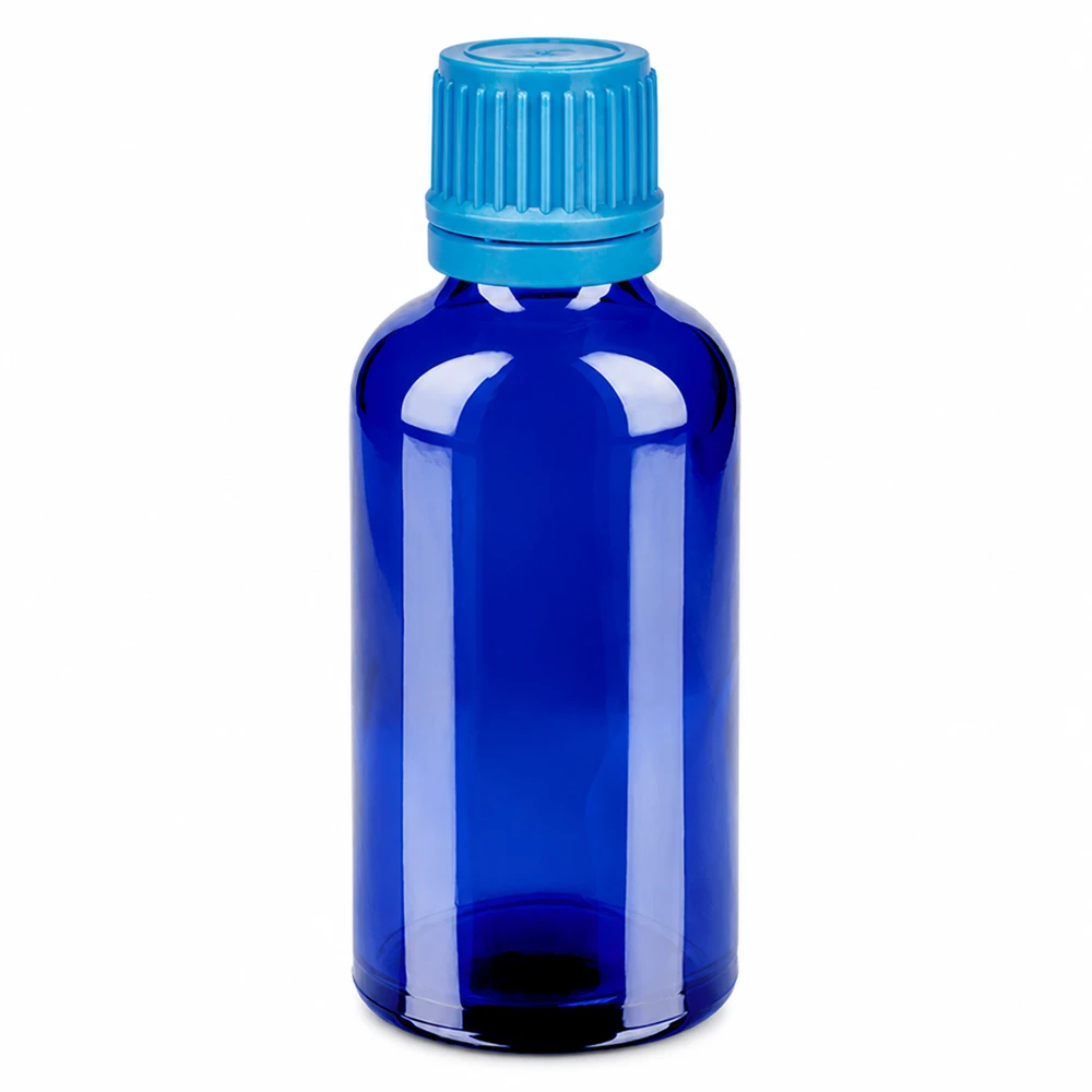 Frasco de 50ml com tampa de rosca de 11mm azul com fecho inviolável BlueLine UT18/50 Frasco de vidro azul de 50 ml com tampa de rosca de 11 mm para aplicações de gotejamento