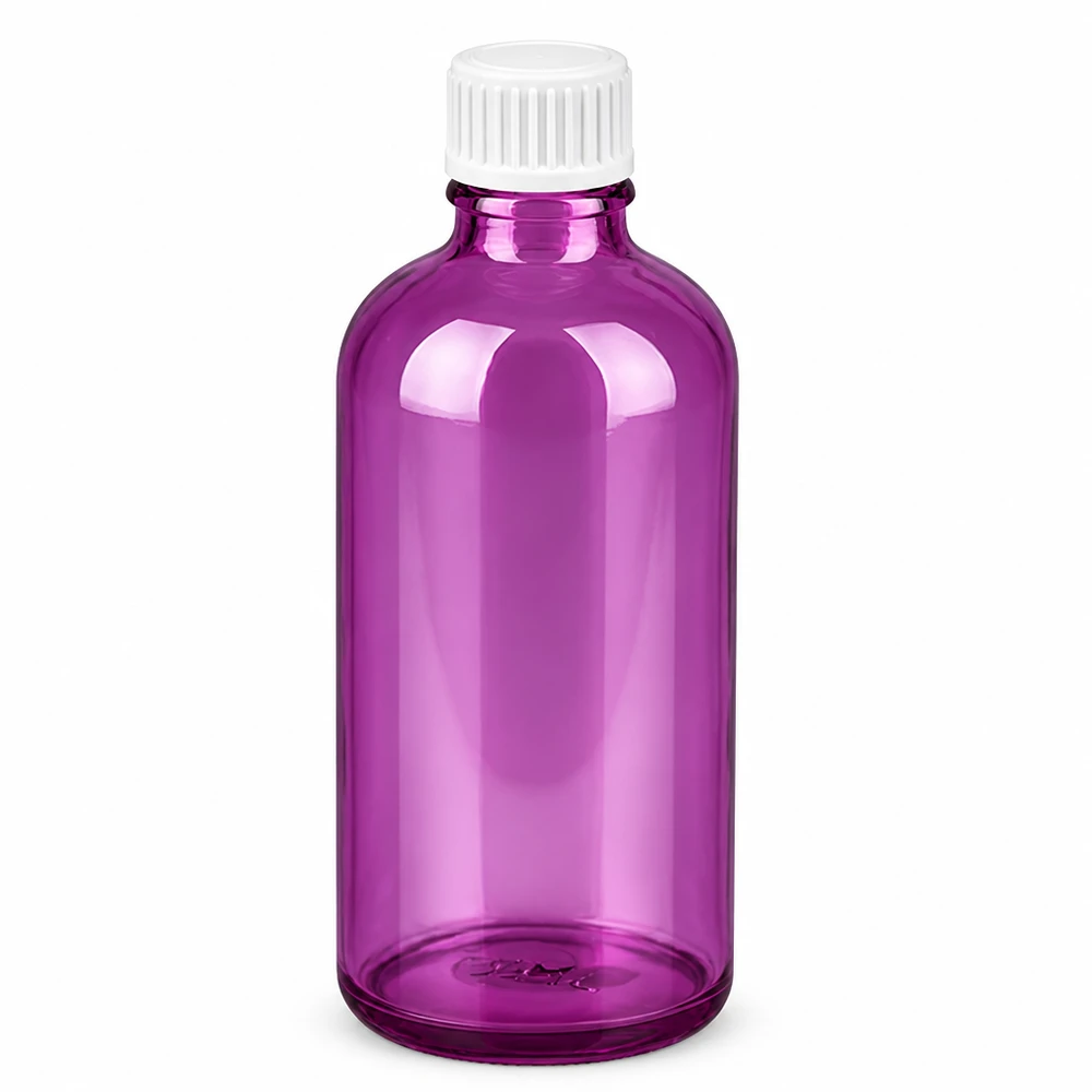 Frasco de 100 ml (glóbulo) com anel de vazamento de 3 mm branco PurpleLine padrão. UT18/100 Frasco de vidro de 100 ml em roxo com tampa de rosca branca UT18 para cosméticos e produtos farmacêuticos