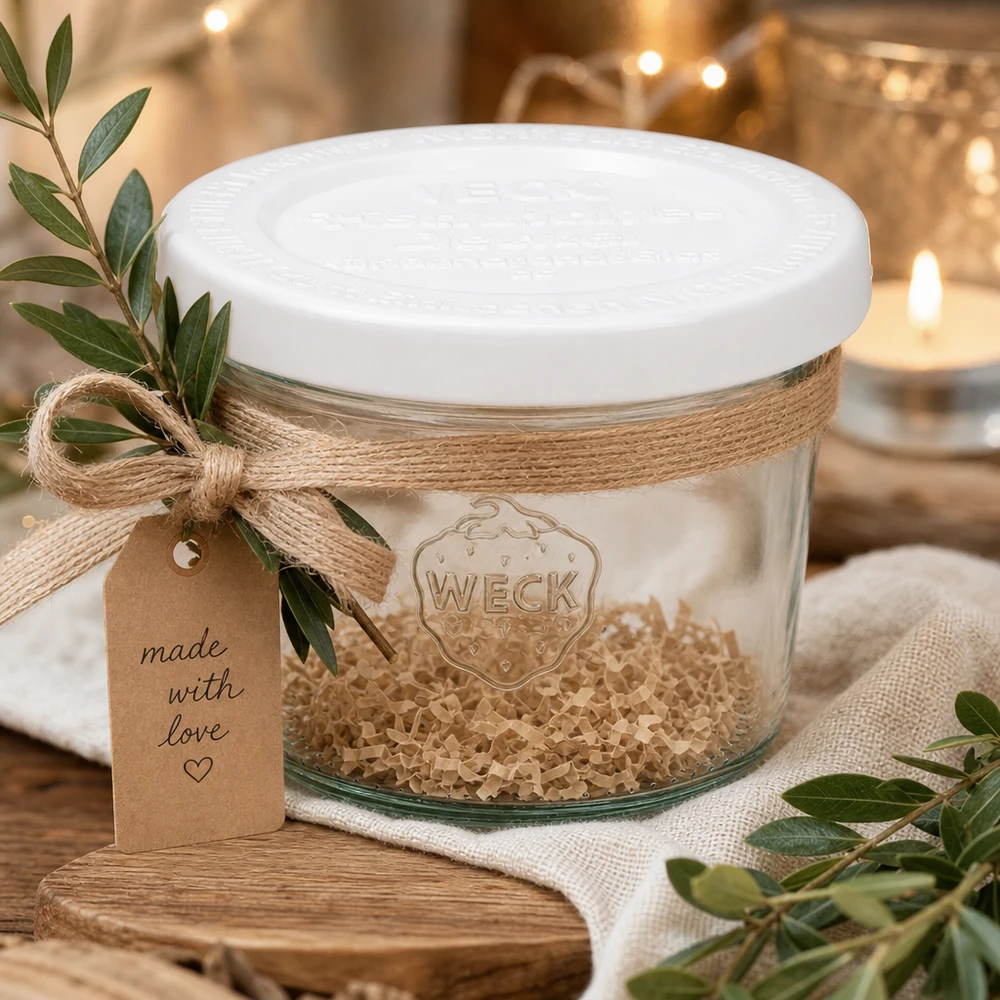 Copos de 80 ml WECK RR60 decorados com etiqueta de presente em fio de juta e ramos de oliveira em madeira rústica