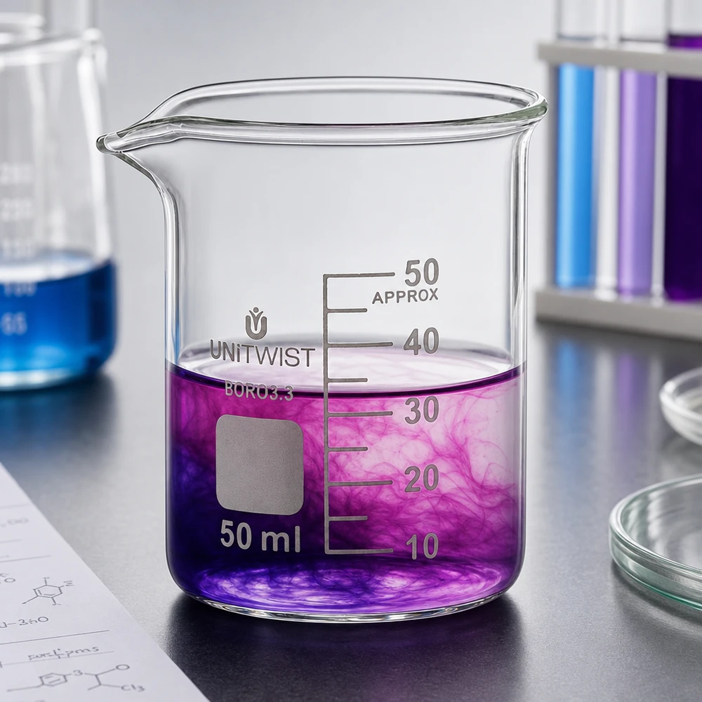 Copo 50 ml de borossilicato, baixo teor de bolor UNiTWIST Copo de vidro UNiTWIST de 50 ml, de formato baixo, com líquido violeta e gradiente de cor no laboratório