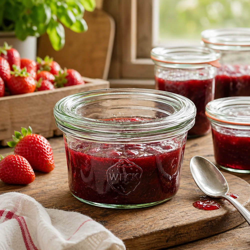 Frasco WECK de 50 ml cheio de compota de morango numa tábua de madeira ao lado de morangos frescos numa cozinha rústica