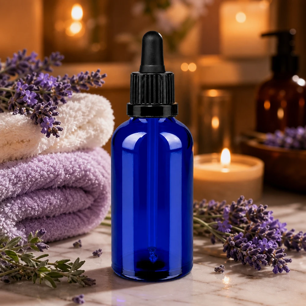 Frasco de vidro azul de 50 ml com pipeta preta - BlueLine UT18/50 para óleos essenciais e soros