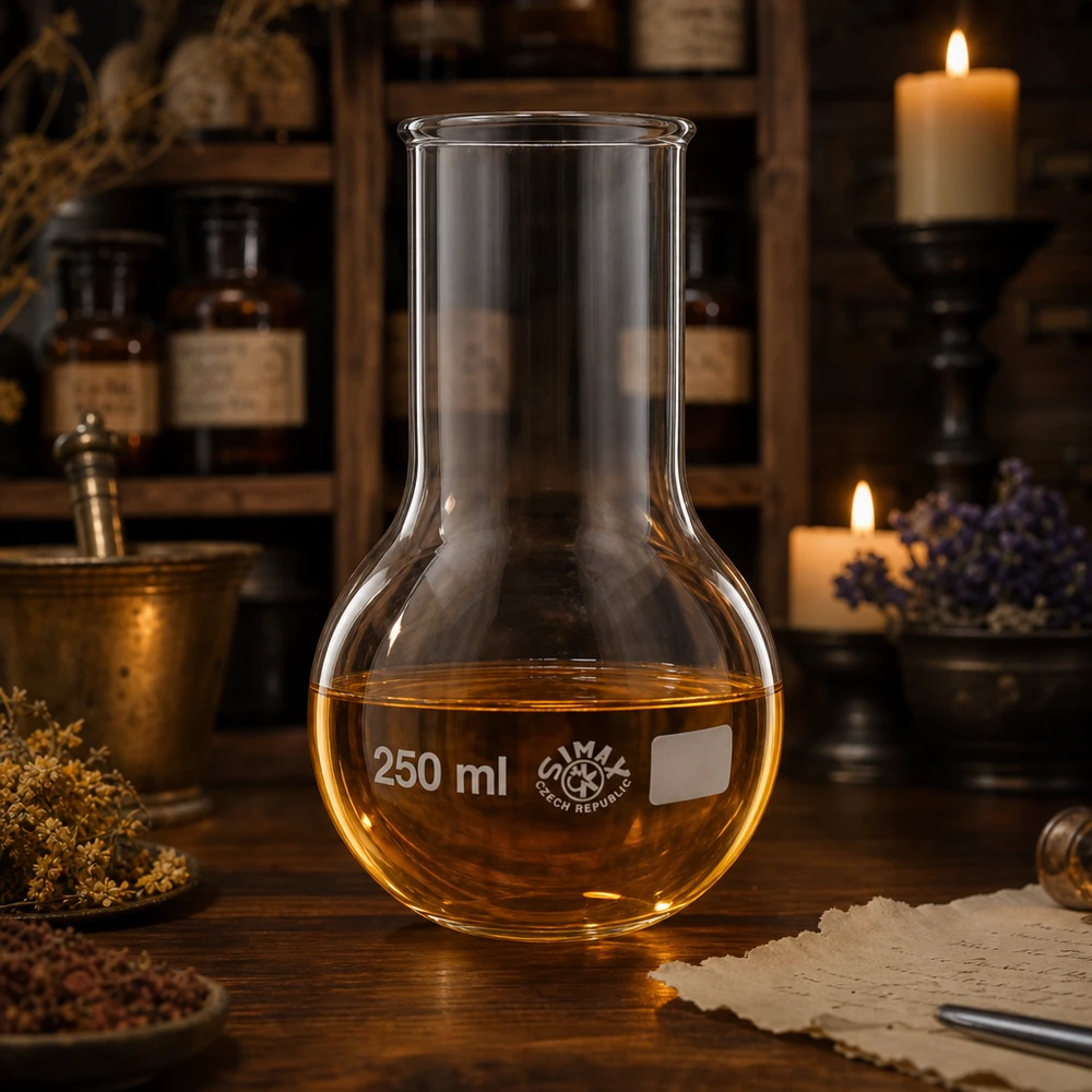 Frasco de laboratório de 250 ml com líquido amarelo dourado num cenário rústico de boticário com luz de velas