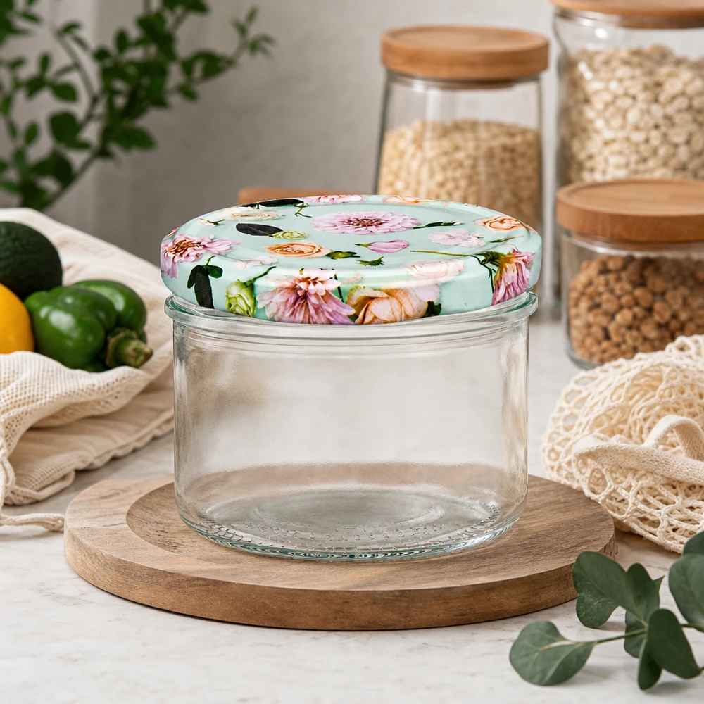 Frasco de arrumação 230ml com tampa floral hortelã na cozinha - frasco de arrumação sobre tábua de madeira ao lado de frascos de cereais