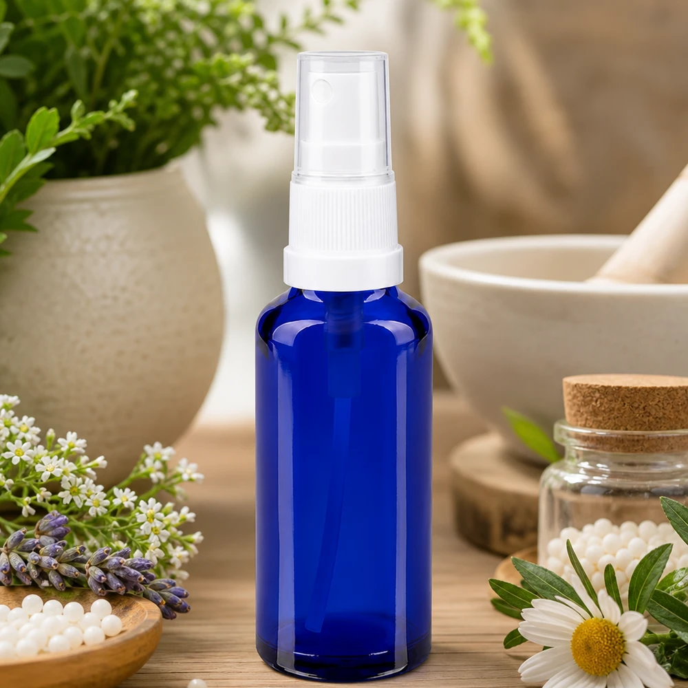 Frasco de vidro azul de 30 ml com pulverizador branco, rodeado por lavanda, camomila e ervas medicinais