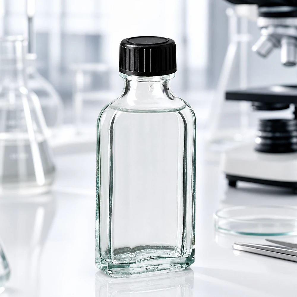 Tampa de rosca transparente Meplat de 50 ml com disco de vedação EPE Frasco de vidro transparente Meplat de 50 ml com tampa de plástico preta no laboratório