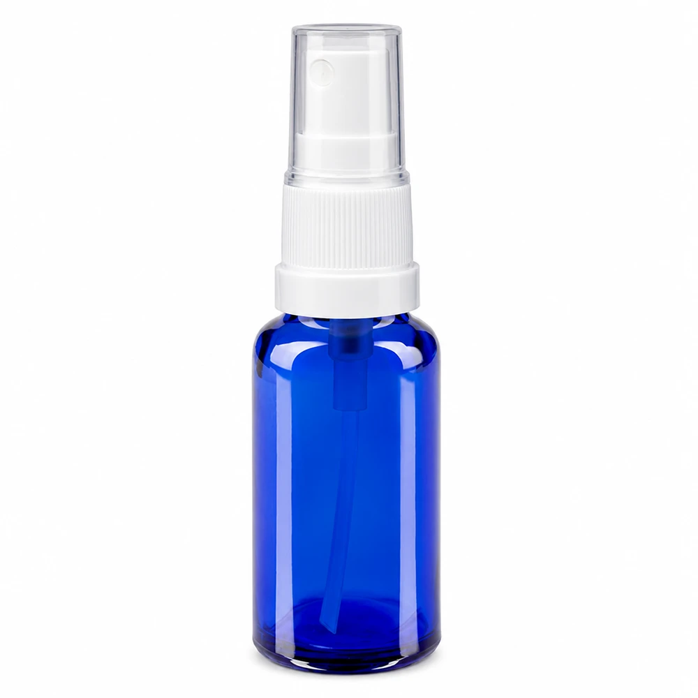 Frasco de spray de vidro azul de 20 ml com bomba pulverizadora branca e tampa protetora transparente ApoGlas