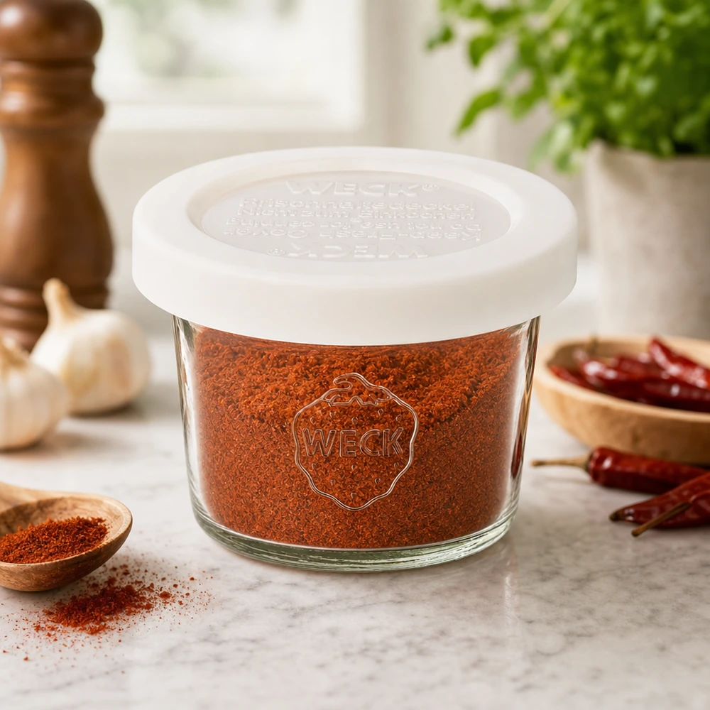Frasco de vidro WECK 35ml RR40 cheio de paprica em pó em ambiente de cozinha com especiarias e alho, armazenamento de especiarias